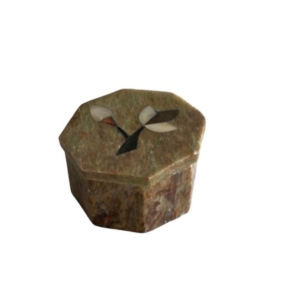 Vintage - Tiny Fetco India Soapstone Trinket Box Mother of Pearl Inlay 2"